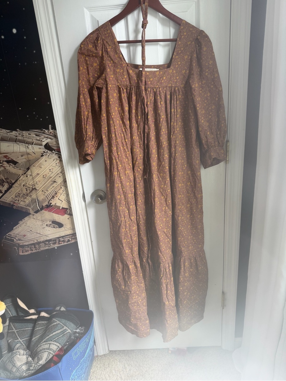 Christy Dawn Brown Floral Maxi Dress with Puff Sleeves M